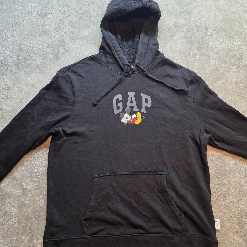 Gap Hoodie Mens L Black Fleece Pullover Mickey Mouse Disney Graphic Sweatshirt